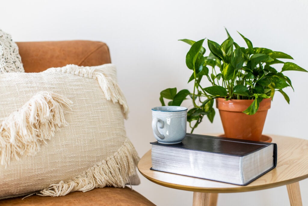 A Bible on a wooden side table with a blue mug on top, a green plant in a terracotta pot beside it, and a camel-colored leather chair with an off-white throw cushion and throw blanket draped over the back