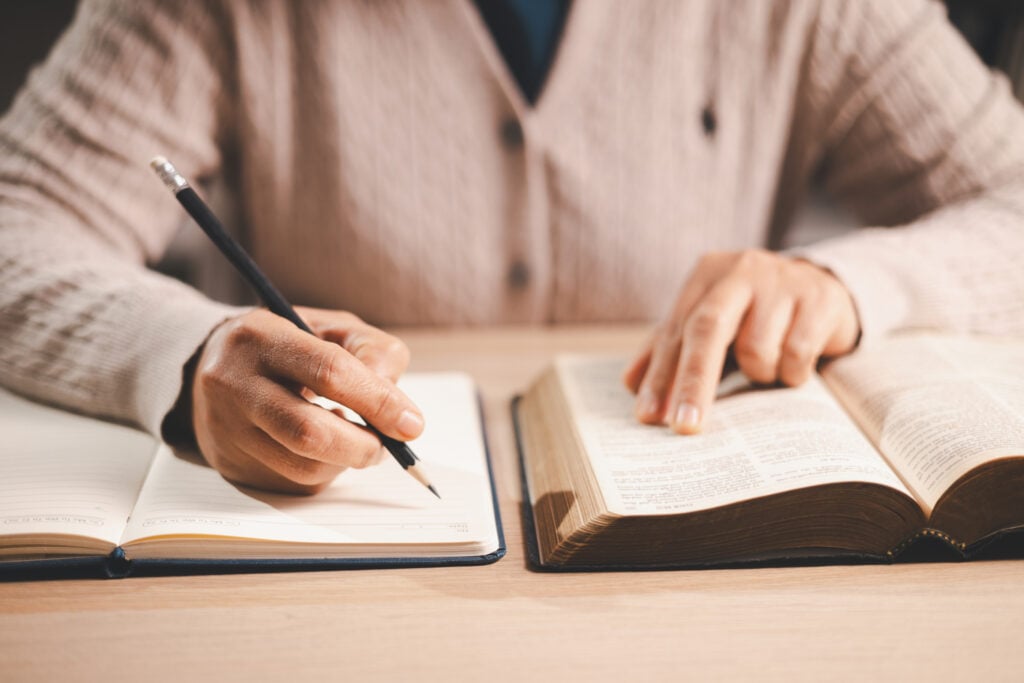 A Christian woman studying Philippians 4:4&ndash;9 to calm anxiety