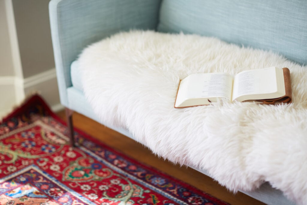 A Bible open on a sheepskin blanket on an elegant light blue couch next to a deep red persian rug to study biblical stewardship